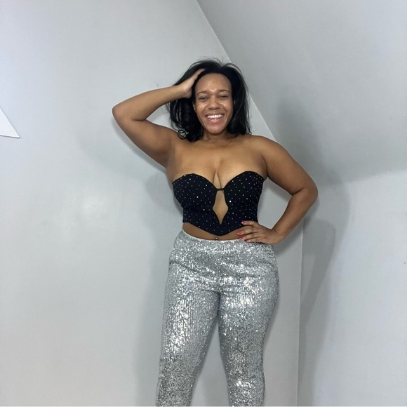 Baddie Silver Sequins Joggers Going Out Party Stretchy Pants Sporty Concert Glam - Picture 3 of 12